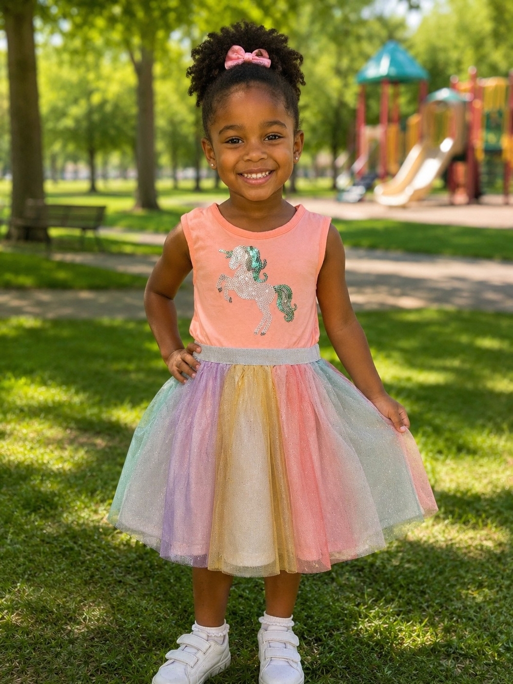 Little Lass Peach Unicorn Tutu Dress with Pastel Rainbow Skirt